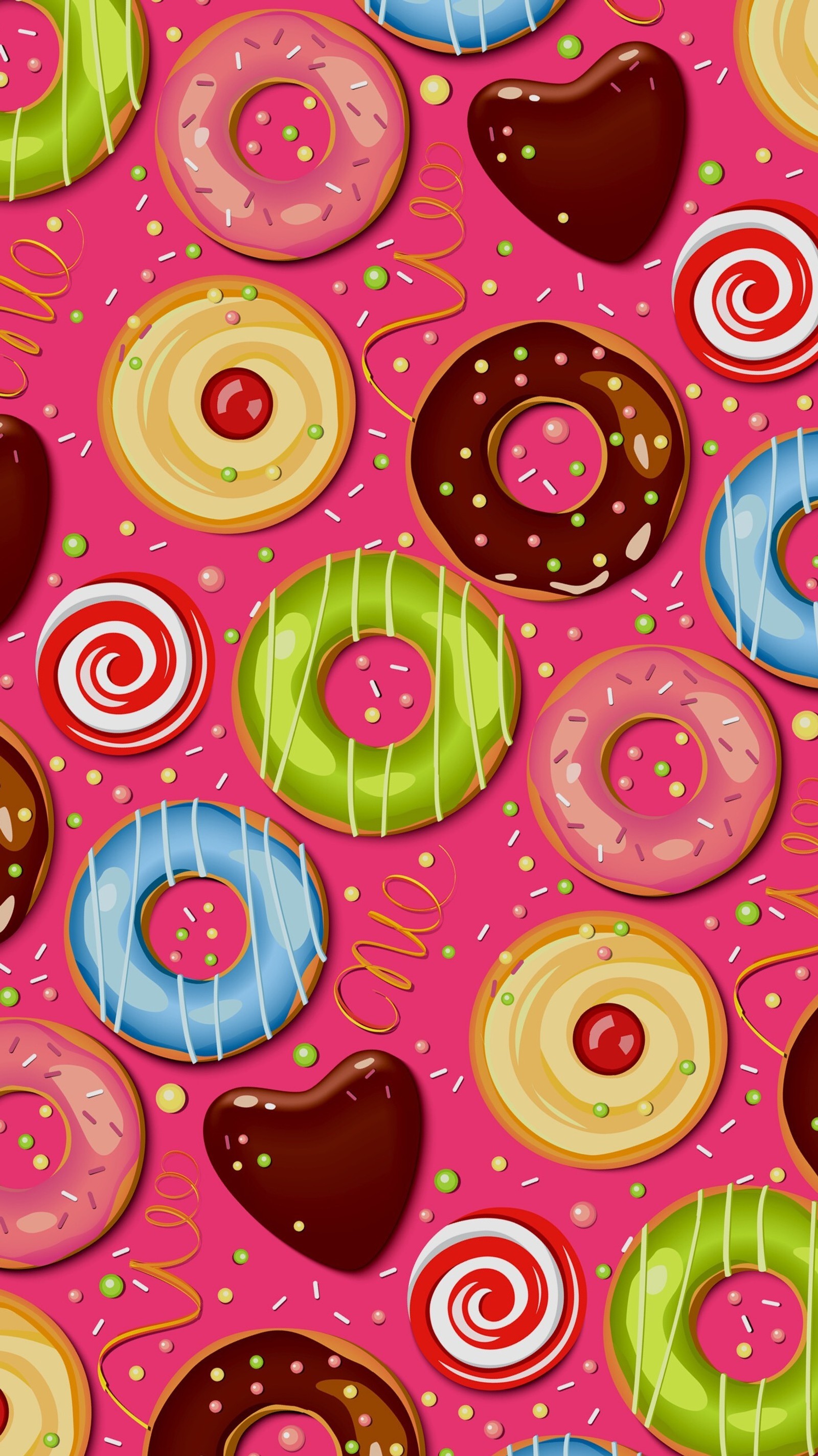 Un primer plano de un fondo rosa con muchos donuts (donut, fiesta)