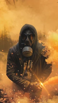 Neon Warrior in Gas Mask Amidst Fiery Smoke