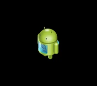 Robô Android verde com uma tela brilhante no peito, contra um fundo preto.