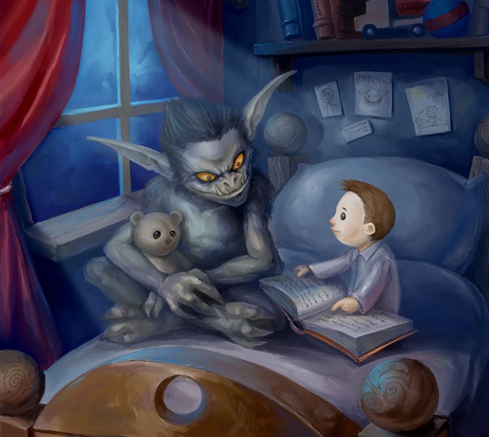 Pintura de un niño leyendo un libro a un demonio en una cama (amigos, sueños, noche, sueos)