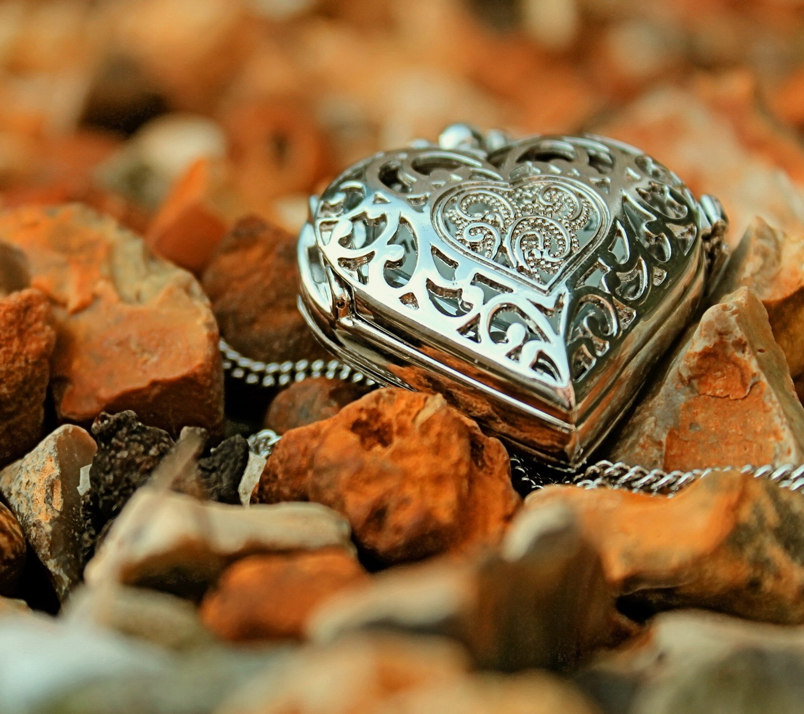 Un cadenas en forme de cœur argenté repose sur un tas de pierres (automne, cœur, amour, pendentif, romantique)