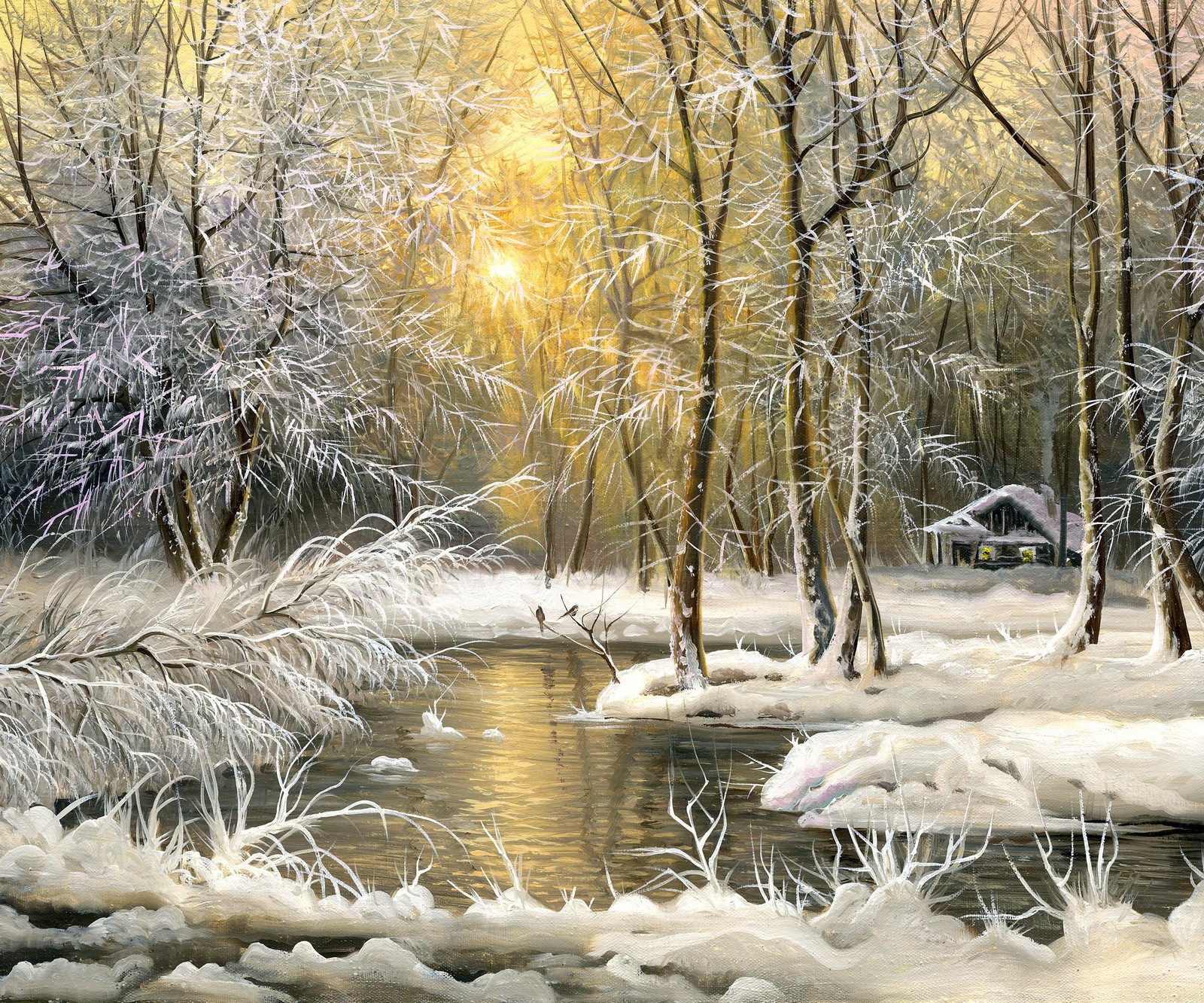 Peinture d'une scène enneigée avec un ruisseau et des arbres (forêt, frozen, glace, peinture à lhuile, flueve)