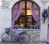 Bicicleta roxa encantadora adornada com flores ao lado de uma janela lindamente drapeada.