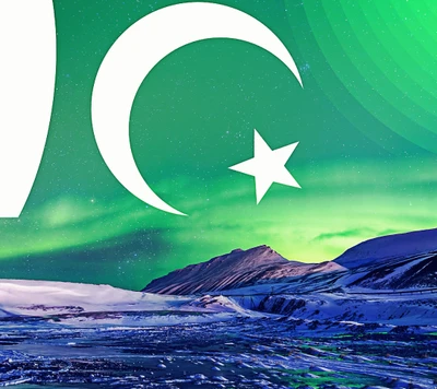 Flagge von Pakistan mit einem Delfin und poetischen Elementen vor einer ruhigen Landschaft