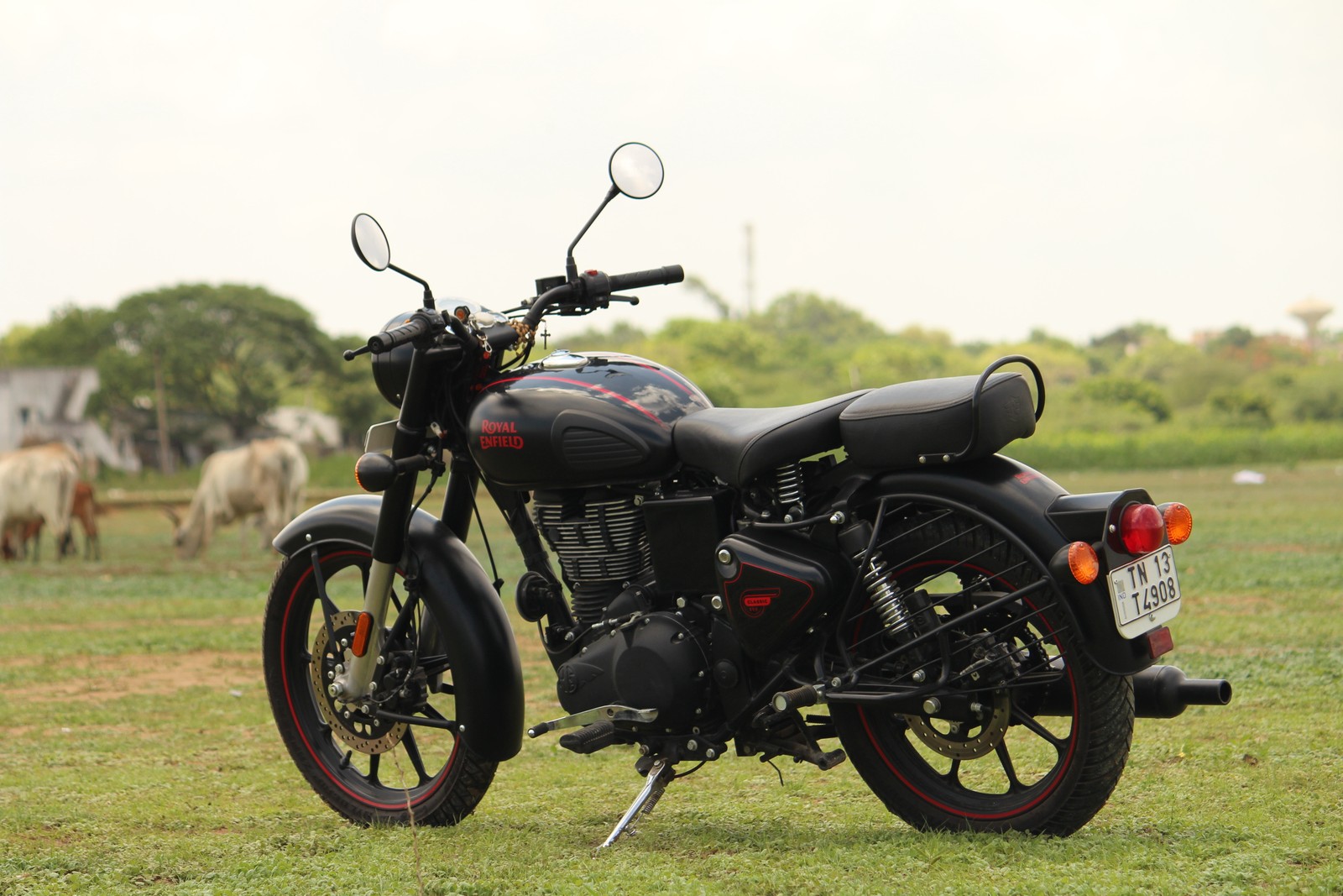 Hay una motocicleta estacionada en la hierba (negro, rey, rojo, paseo, royal enfield)