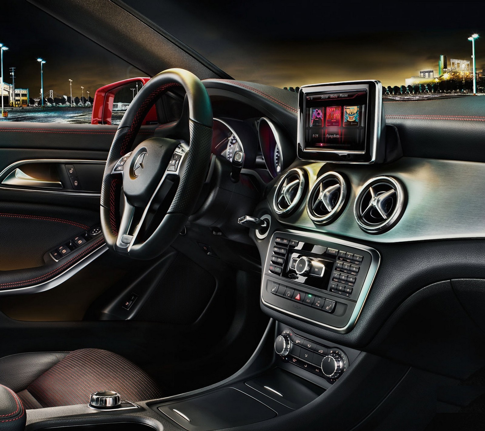 A close up of a car dashboard with a steering wheel and a dash board (auto, awesome, car, cool, interior)