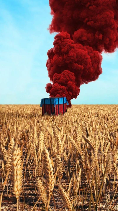 Red Smoke Emerging from PUBG Crate in Wheat Field