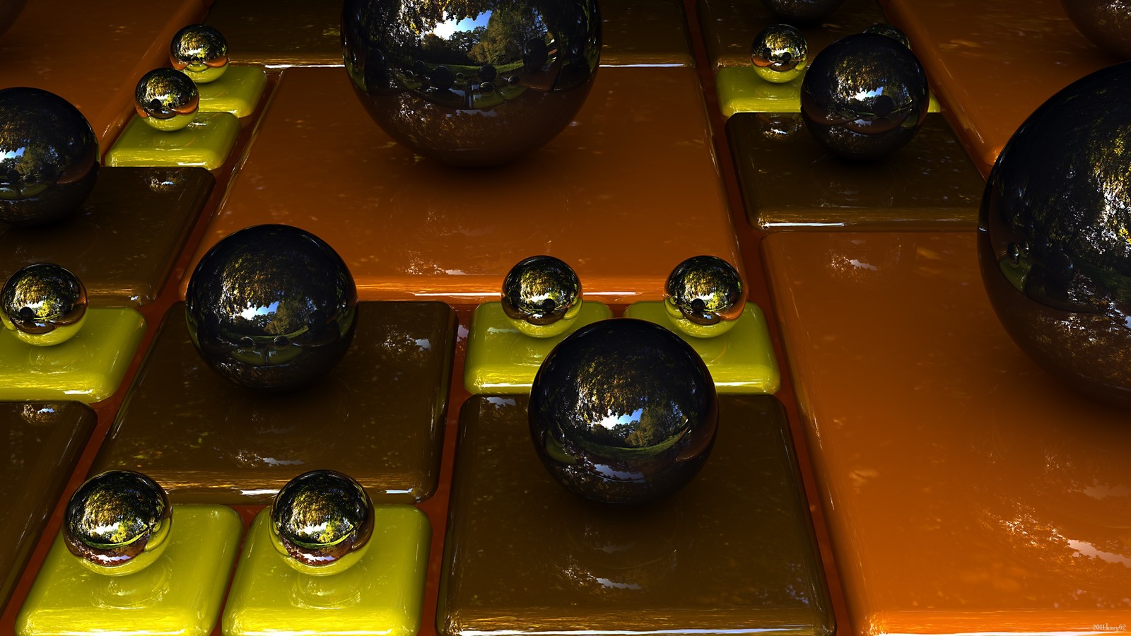 Il y a beaucoup de billes brillantes sur une surface brune (jaune, verre, graphismes informatiques 3d)