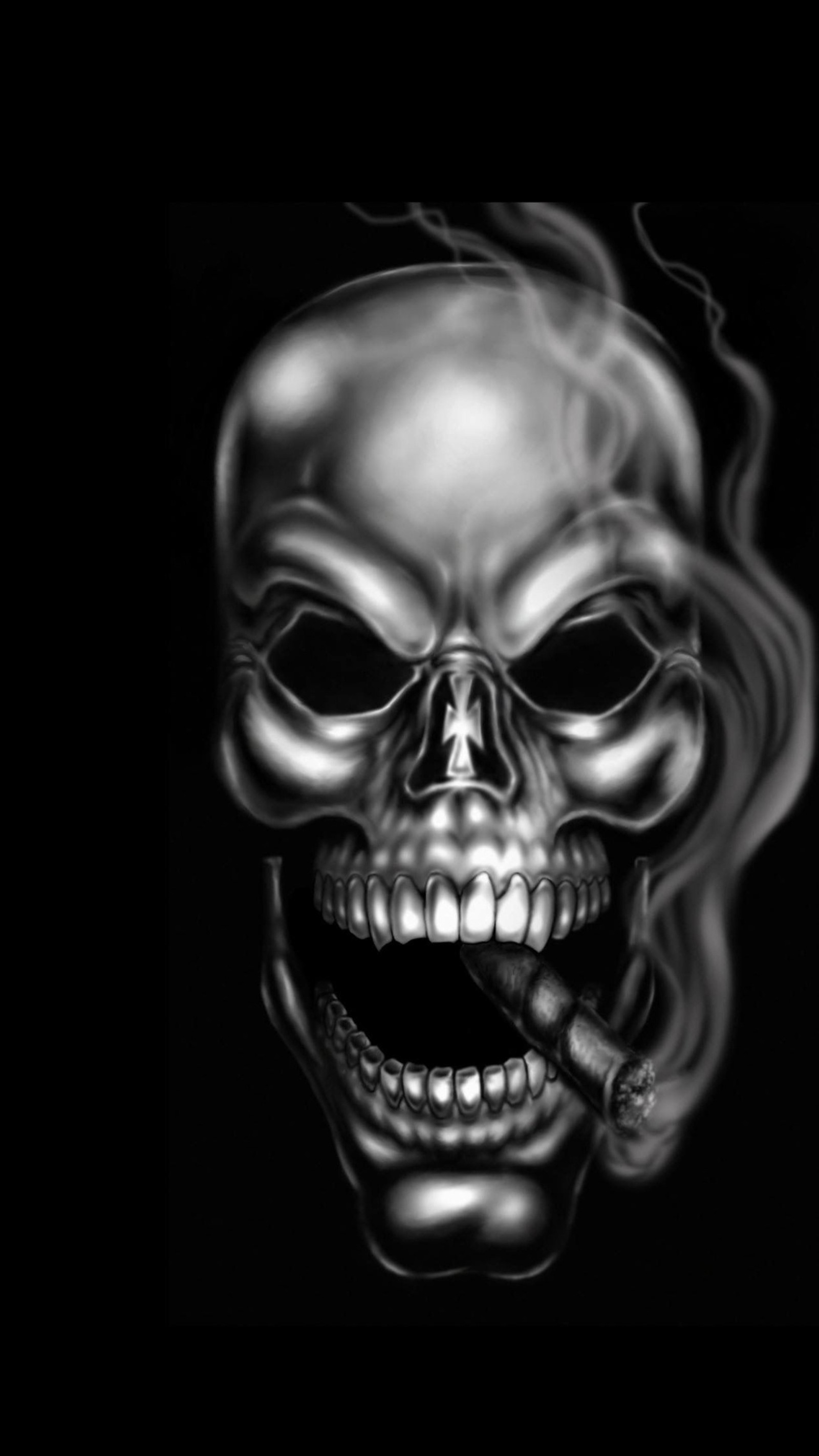 A black and white drawing of a skull smoking a cigarette (army, biker, bloods, crips, gang)