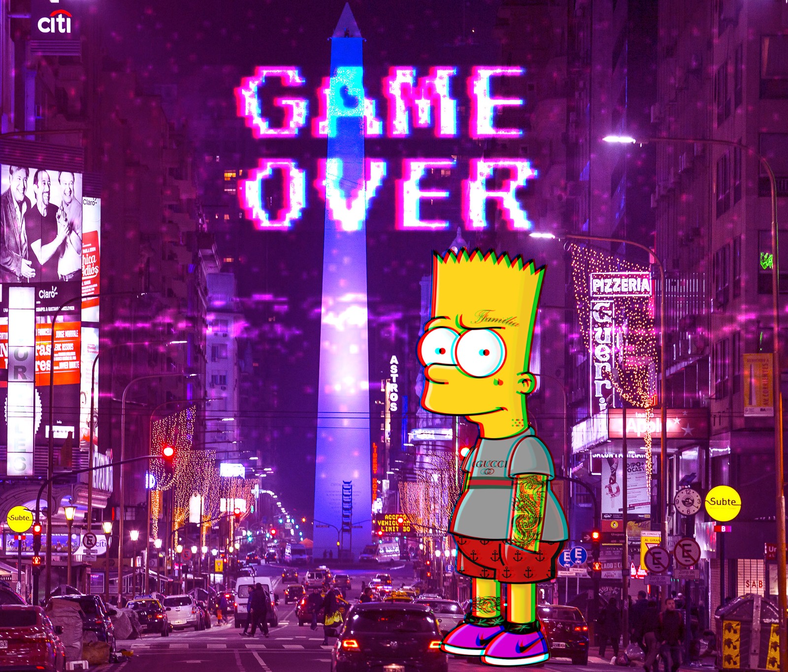 Juego de los simpsons game over en la calle de una ciudad (trampa, estética, sad bart, fortnite, supreme)