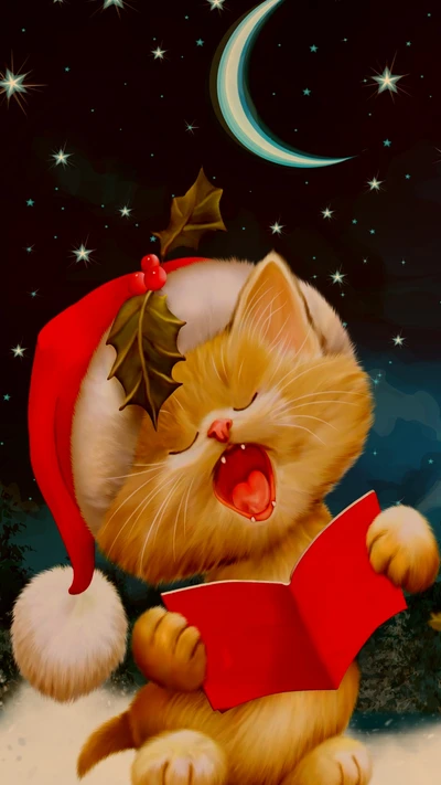 Festive Feline Singing Joyfully Under the Moonlight