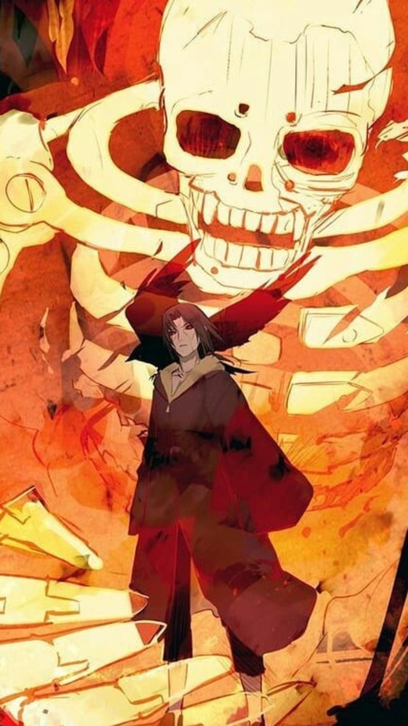 Крупный план человека, стоящего перед скелетом (itachi, наруто ураганные хроники, naruto shippuden, обои наруто, naruto wallpaper)