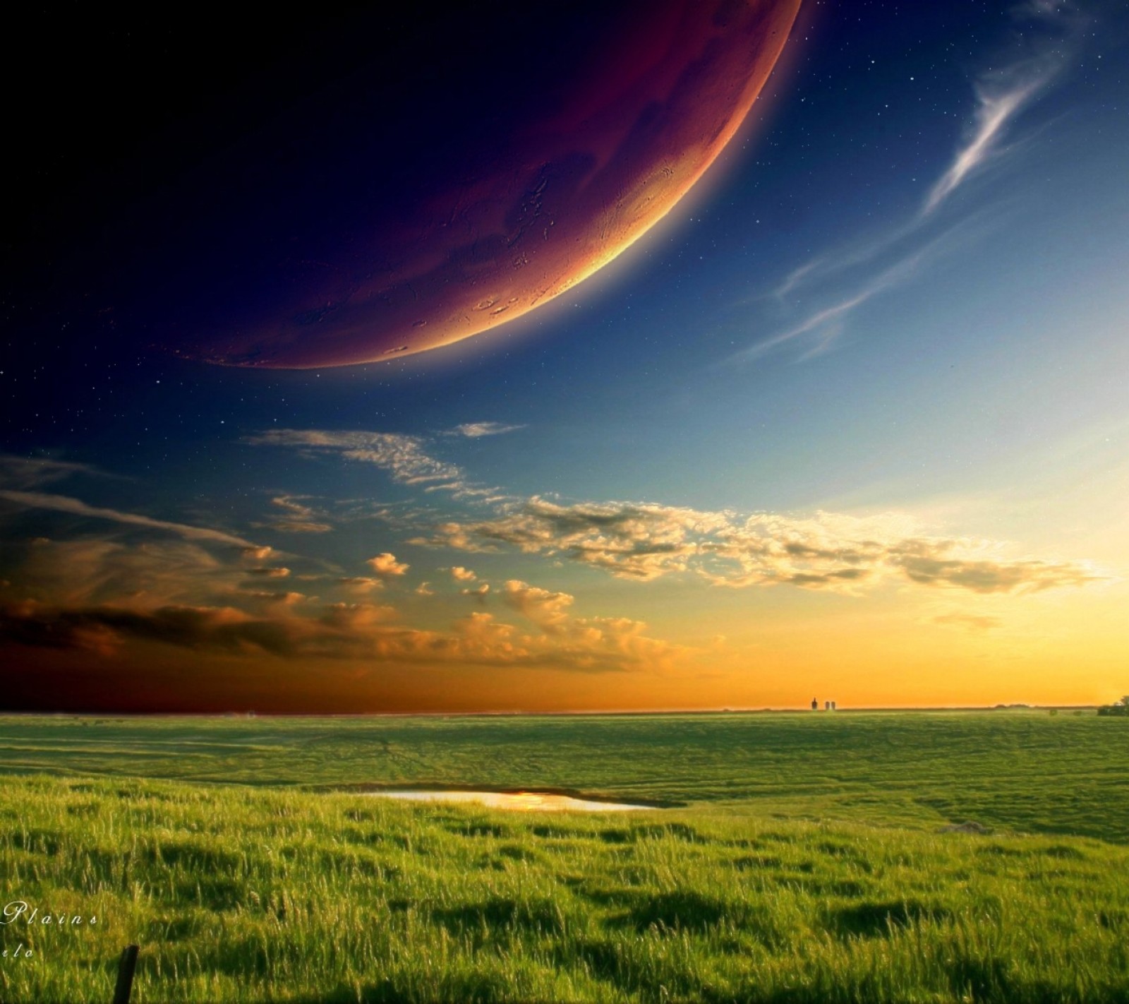 A view of a field with a sunset and a planet in the sky (field, hd, landscape, nature)