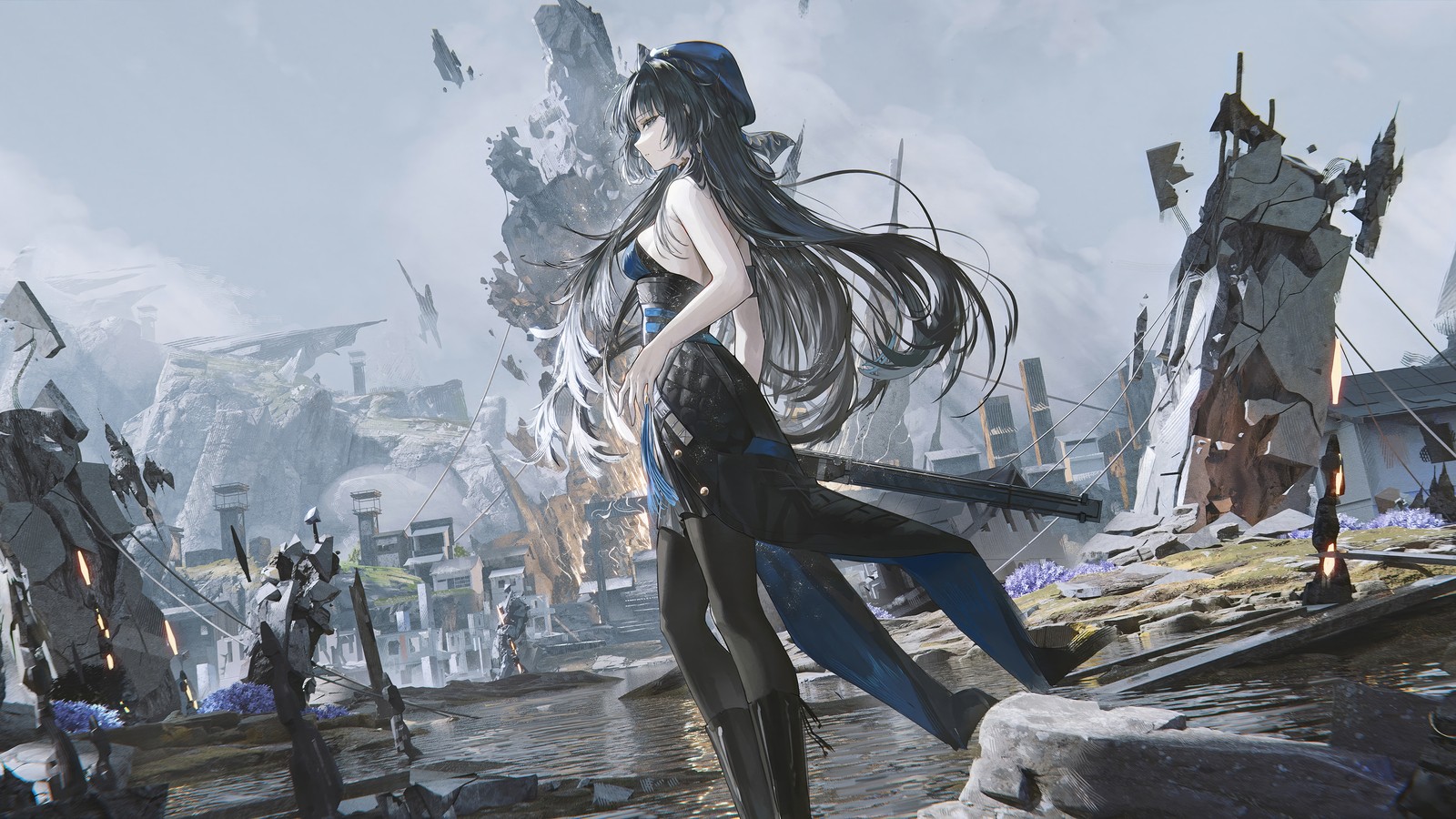 A woman in a black dress holding a sword standing in a city (yangyang, wuthering waves, video game)