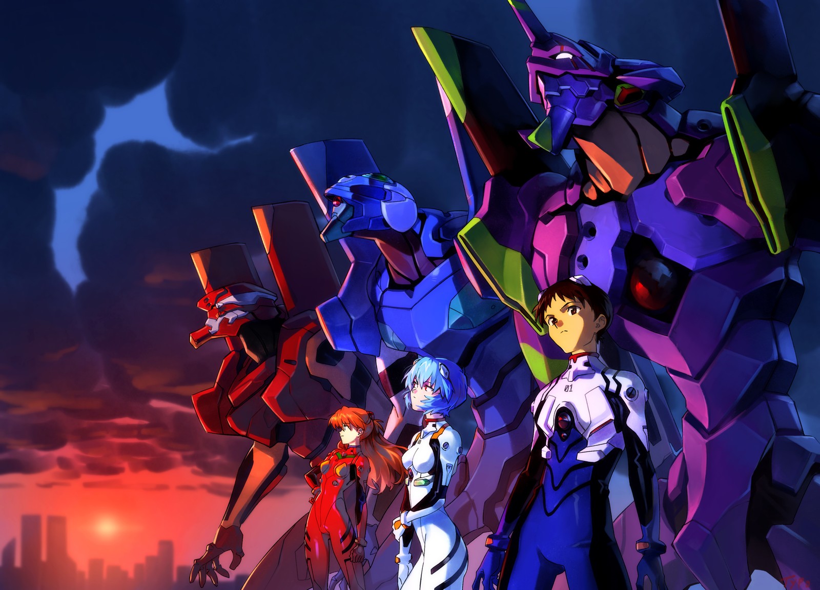 A group of anime characters standing in front of a city (neon genesis evangelion, anime series, shinji ikari, rei ayanami, asuka langley soryu)