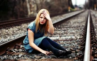 belleza, rubio, transporte ferroviario, sentado, fotografía de retrato