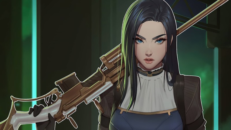 Женщина с оружием в руке, стоящая перед зеленым светом (caitlyn, arcane series, сериал, league of legends, lol)