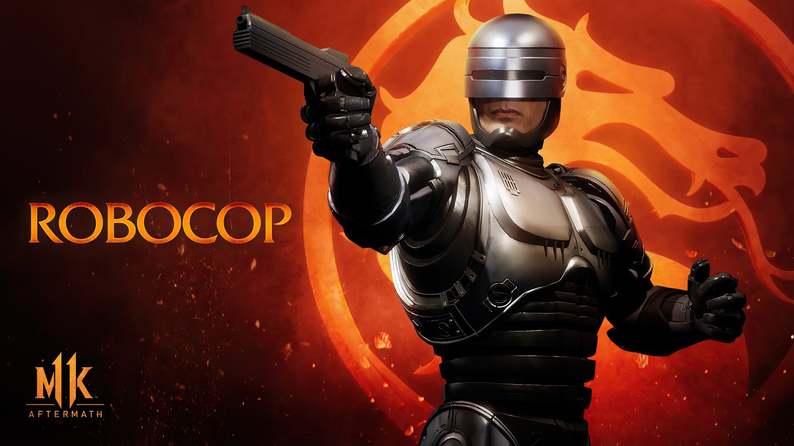 Крупный план робота, держащего оружие на фоне красного цвета (робокоп, robocop, mk11, mortal kombat 11, последствия)