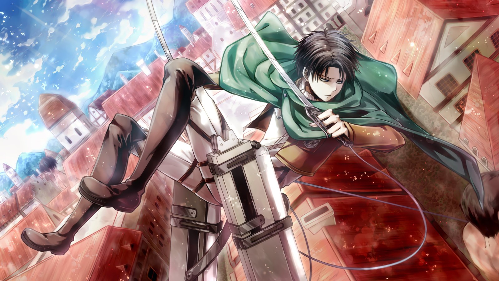 Anime character with sword and green cape flying over a city (levi ackerman, attack on titan, shingeki no kyojin, anime)