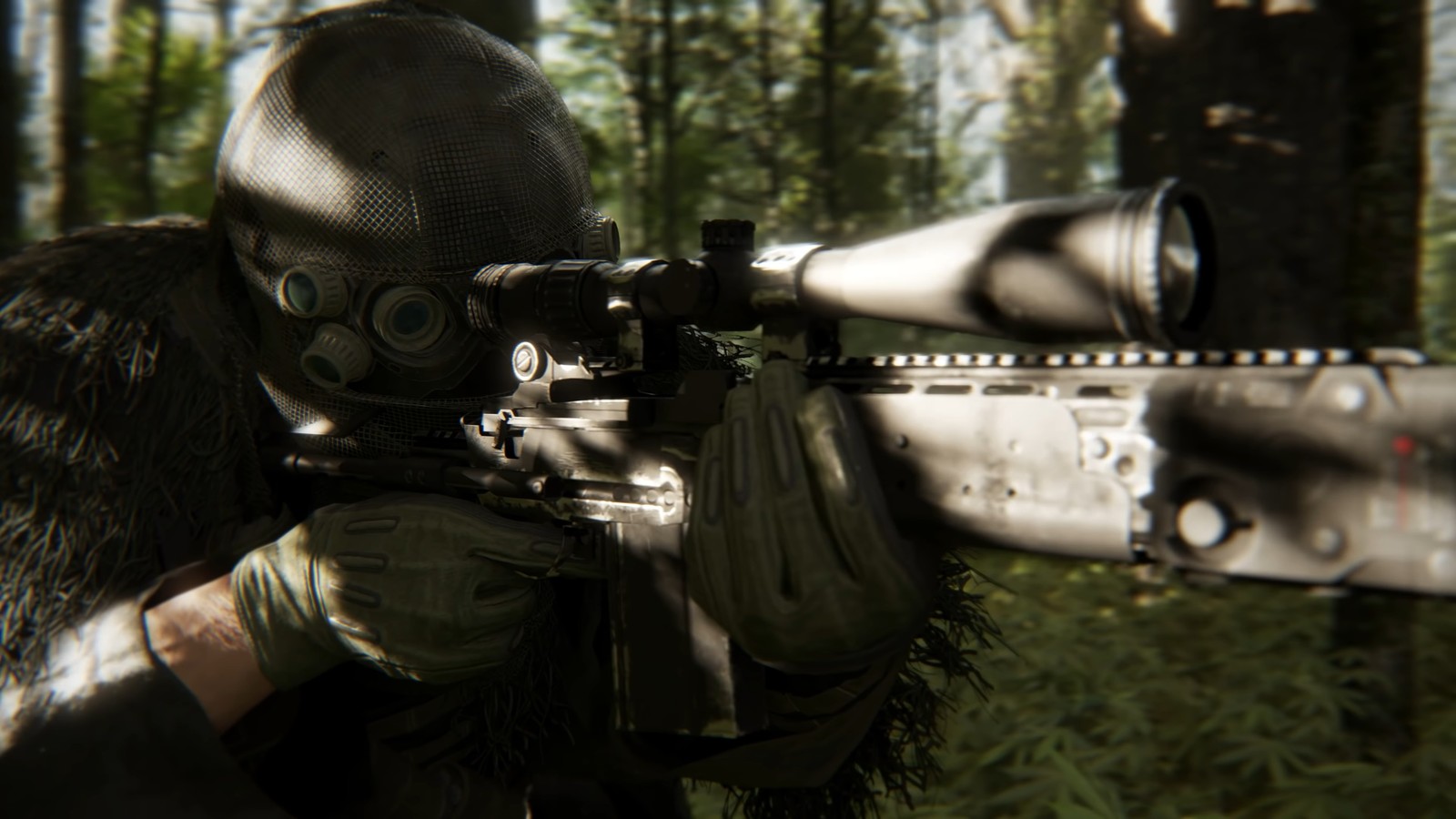 Close de uma pessoa com um rifle em uma floresta (ghost recon breakpoint, jogo de vídeo, atirador, rifle de precisão)