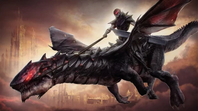 Cavalier sombre sur un dragon : Un guerrier redoutable dans un royaume fantastique