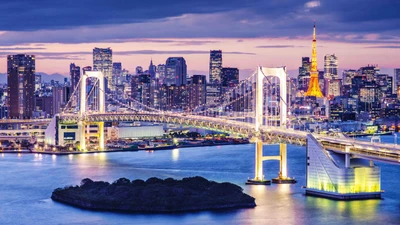 Vibrant Tokyo skyline at dusk featuring the Rainbow Bridge and Tokyo Tower, reflecting on the water.