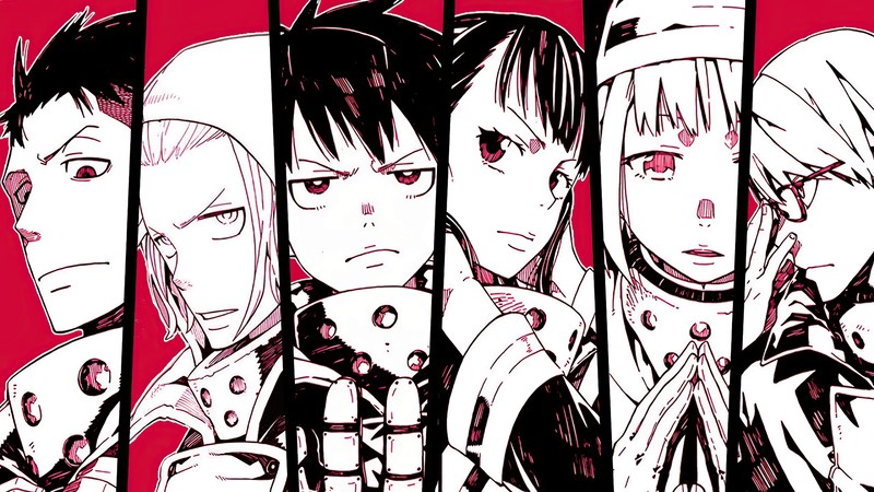 Группа аниме персонажей стоит за решеткой на красном фоне (fire force, аниме, anime, огненная бригада, enen no shouboutai)