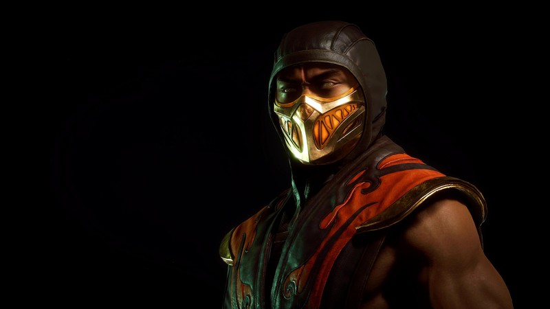 Крупный план человека в маске и капюшоне (скорпион, mortal kombat 11, видеоигра)