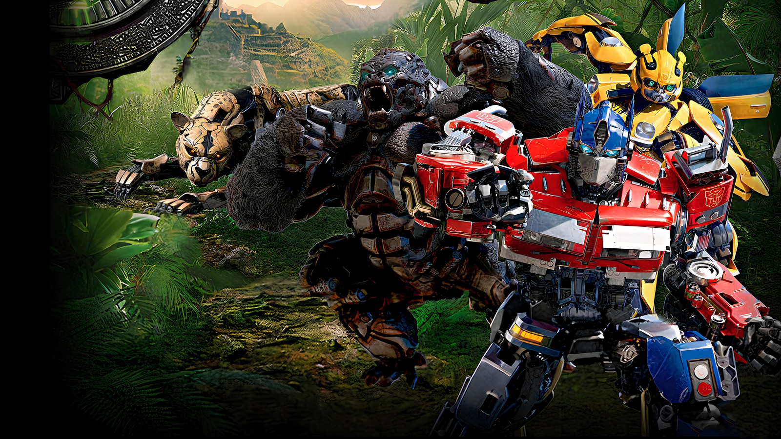 Una imagen desenfocada de un grupo de robots en la jungla (transformers rise of the beasts, 2023, película, transformers, optimus primal)