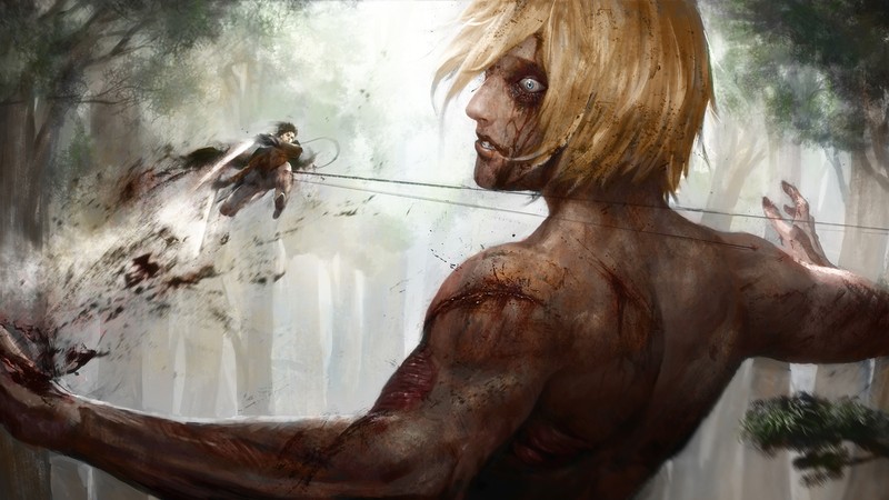 Зомби с ножом в руке в лесу (женский титан, атака титанов, attack on titan, shingeki no kyojin, аниме)