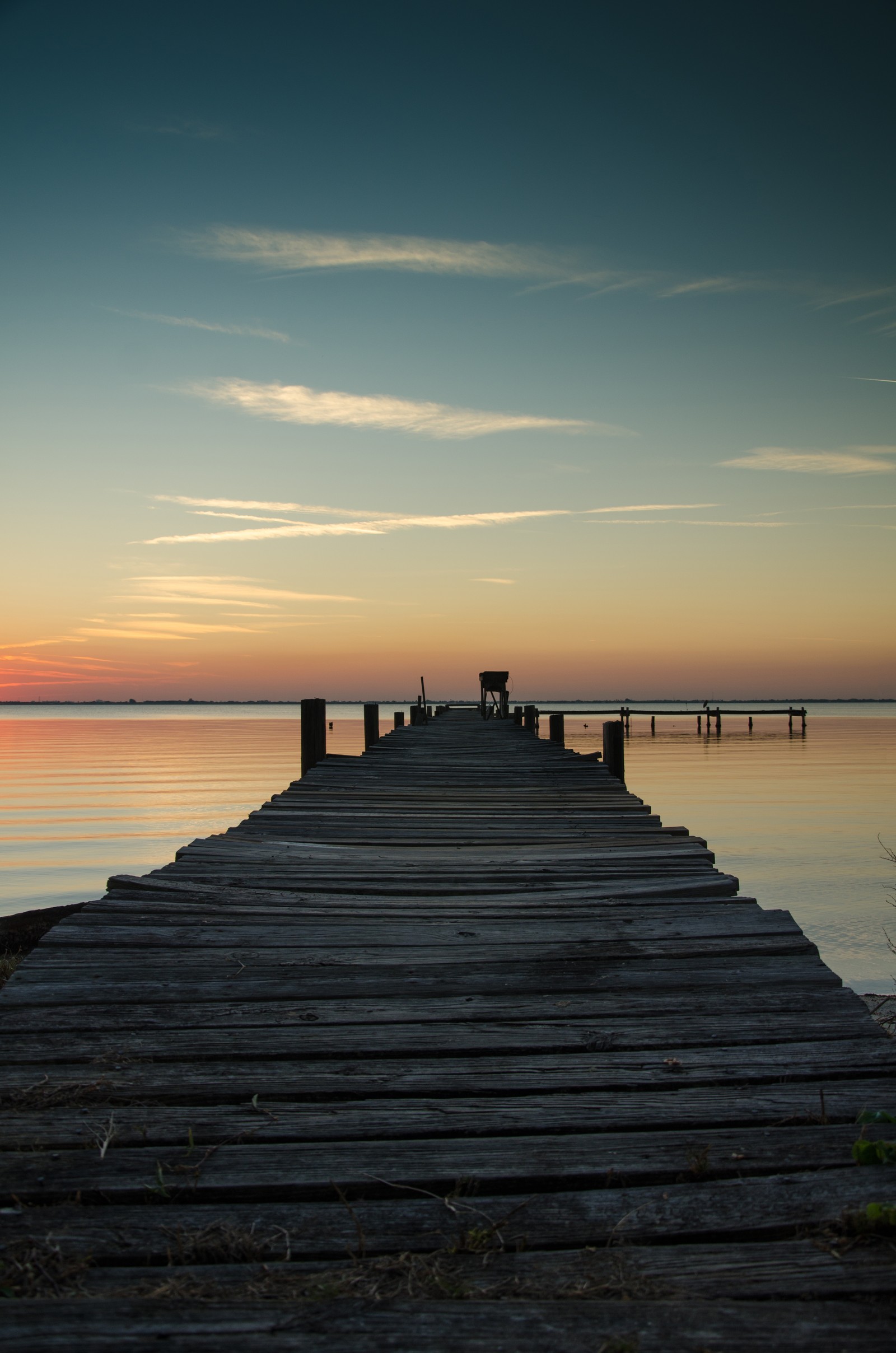 sunset, pier, dock, horizon, water wallpaper