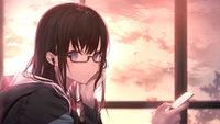 Nachdenklicher Anime-Student mit Brille bei Sonnenuntergang