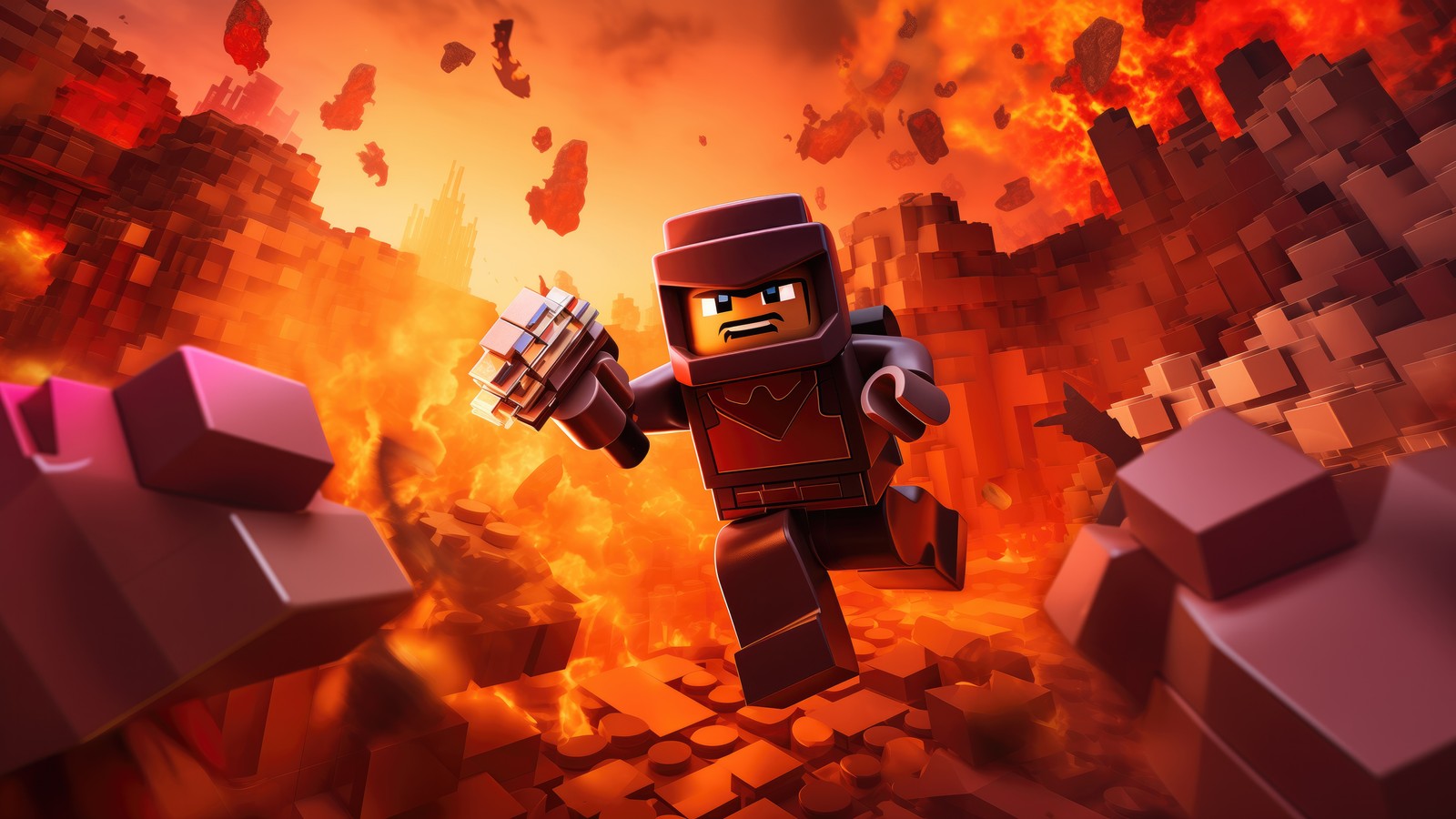 Un hombre lego sosteniendo un arma frente a un fuego (roblox, videojuego, lego, juegos, fondo de pantalla 4k)