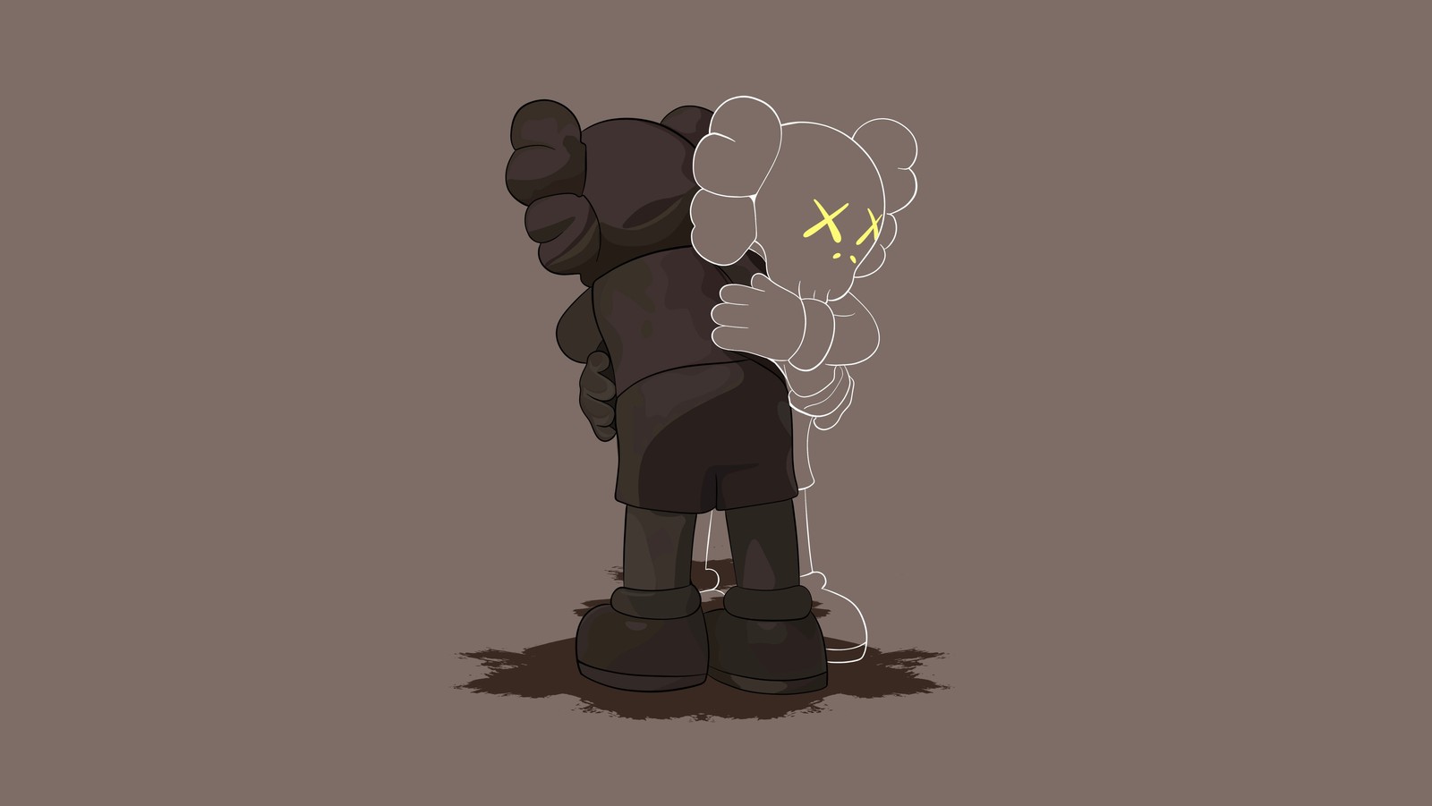 A cartoon bear with a light on his face and a black coat (kaws companion, minimalist, kaws hugging, vinyl figure, minimalist kaws)