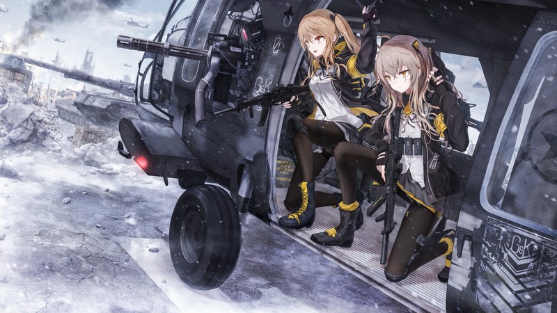 Аниме-девушки в вертолете с оружием (аниме, anime, фронт девушек, girls frontline, видеоигра)