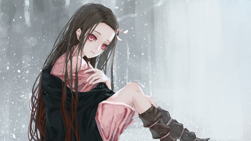 Аниме девушка сидит в снегу, скрестив ноги (nezuko kamado, kimetsu no yaiba, убийца демонов кимэцу но яиба, demon slayer kimetsu no yaiba, аниме)