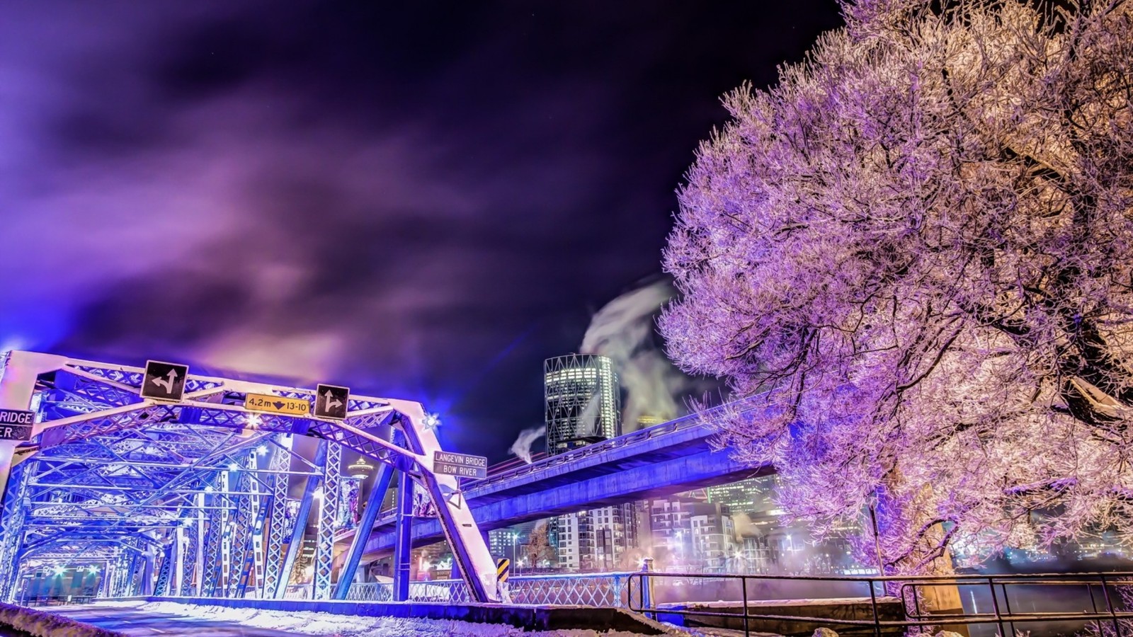 Blick auf eine brücke mit lila licht im hintergrund (kirschblüte, lila, wahrzeichen, nacht, blume)