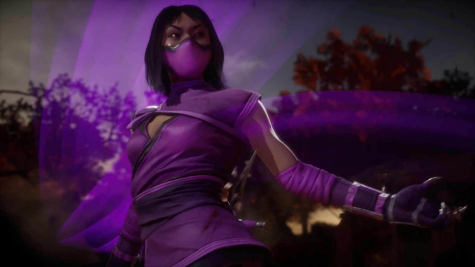 A woman in purple outfit holding a purple object in her hand (mileena, mortal kombat 11, mk11, video game)