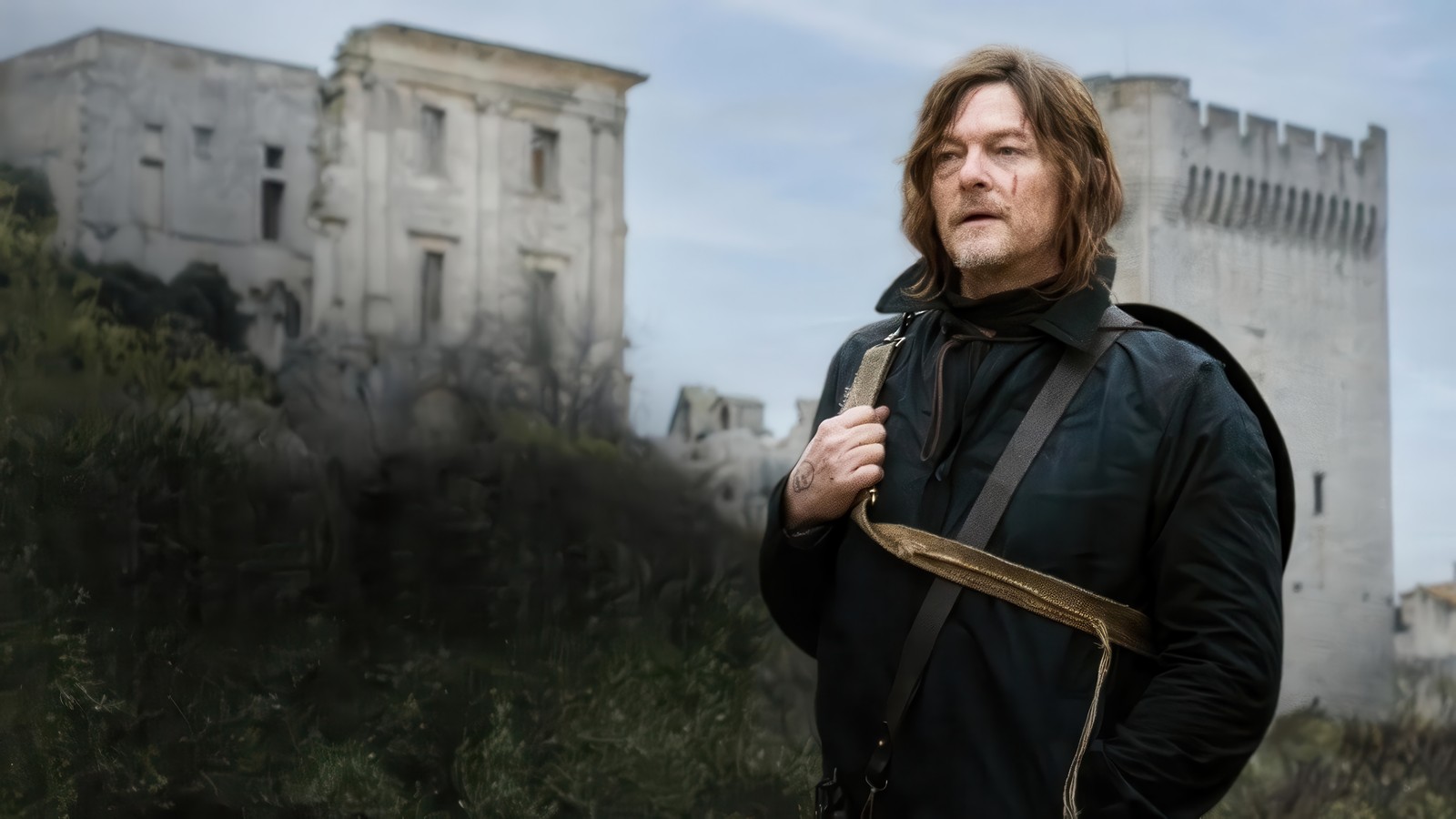 Arafed man with a backpack standing in front of a castle (walking dead daryl dixon, tv series)