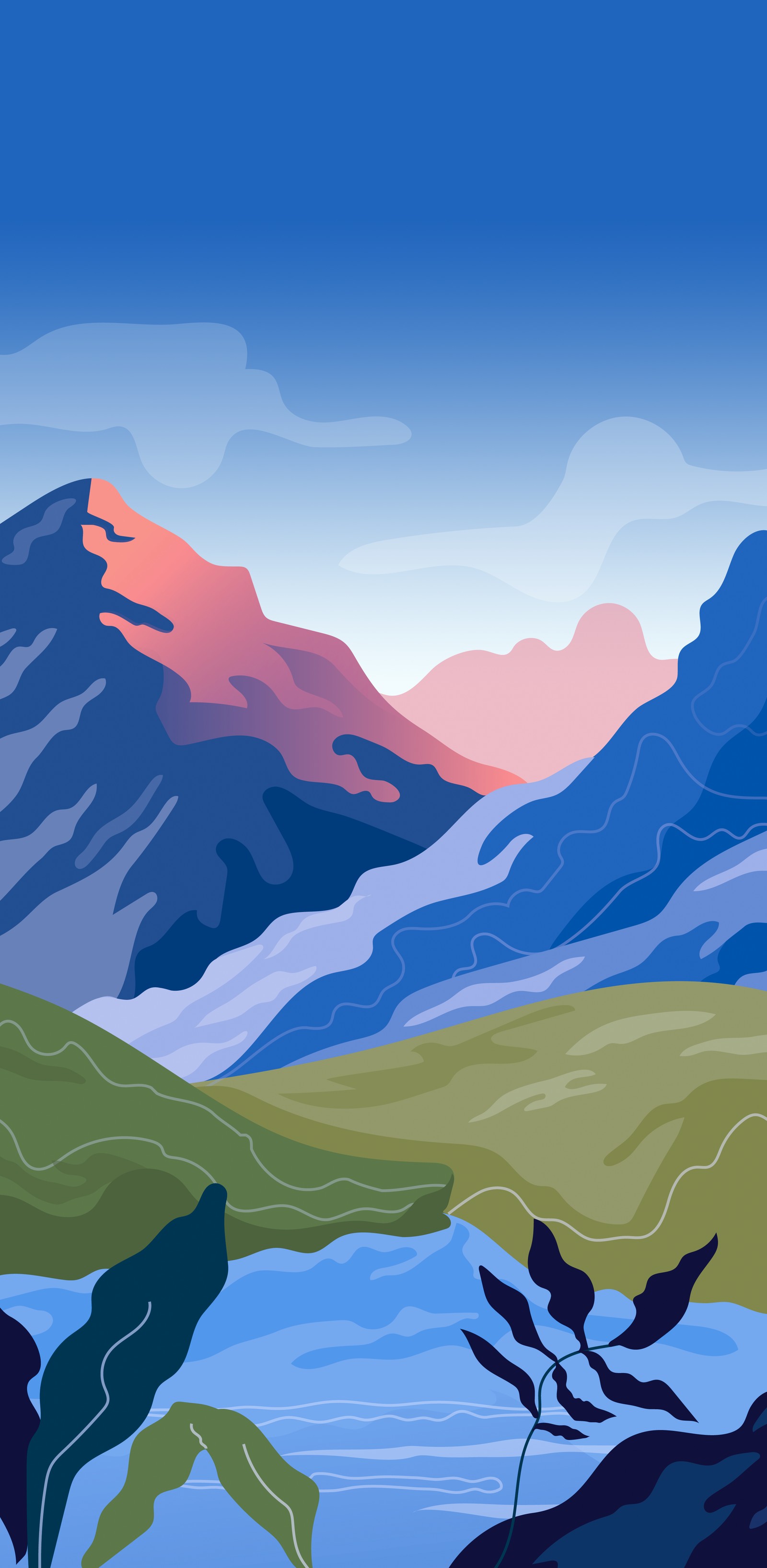 Montanhas e um rio com algumas folhas em primeiro plano (ilustração, pintura, gráficos, redmi, paisagem)