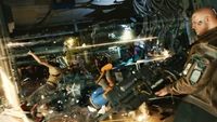 Intense action scene from Cyberpunk 2077 showcasing a chaotic gunfight in a vibrant, futuristic setting.