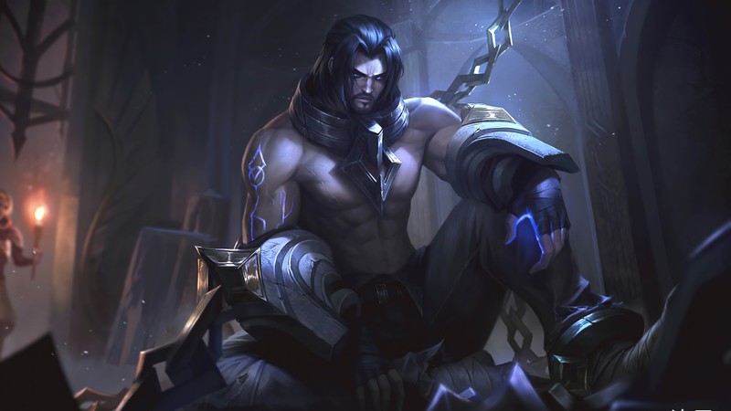 Мужчина с длинными волосами и мечом в темной комнате (силас, sylas, league of legends, видеоигра, lol)