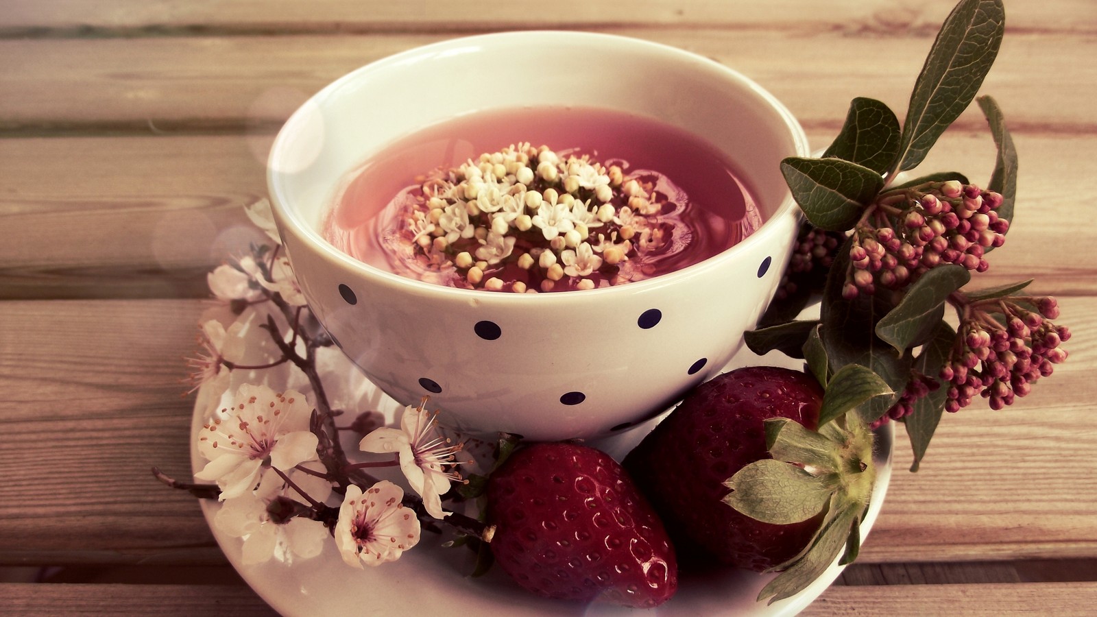 Eine schüssel suppe mit erdbeeren und einer blume (essen, tee, superfood, vegetarisches essen, müsli)