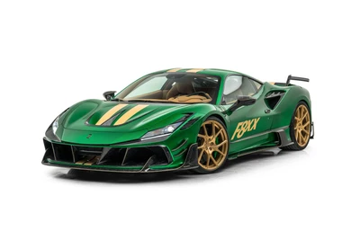 Ferrari F8 Tributo Mansory F8XX 2021 en verde y dorado sobre fondo blanco