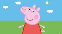 Peppa Pig in a cheerful, minimalist landscape with a sunny sky and green grass.