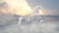 Cheval mustang majestueux sautant à travers des nuages cumulus dans un ciel de rêve