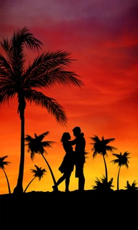 Silhouette d'un couple s'embrassant sous un coucher de soleil tropical avec des palmiers