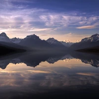 Lac de haute montagne serein au crépuscule avec des reflets majestueux des montagnes