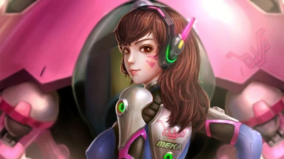 D.Va aus Overwatch in ihrem Mech-Anzug, der ihre selbstbewusste Pose und das ikonische pink-weiße Design zeigt.