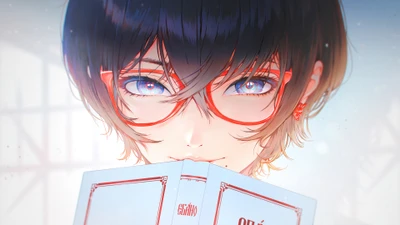 Anime-Mädchen mit Brille, das ein Buch hält, mit einem fesselnden Blick und einem sanften, traumhaften Hintergrund.